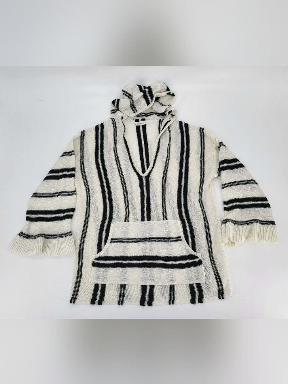 Striped Hooded Poncho Sweater - Black & White